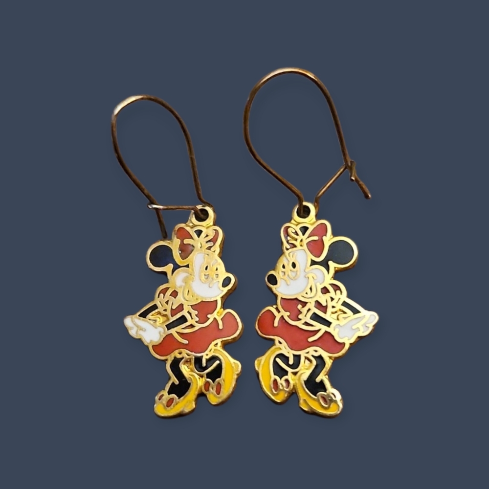 Vtg DISNEY 1970s Gold and Red Minnie Mouse Character Hook Earrings